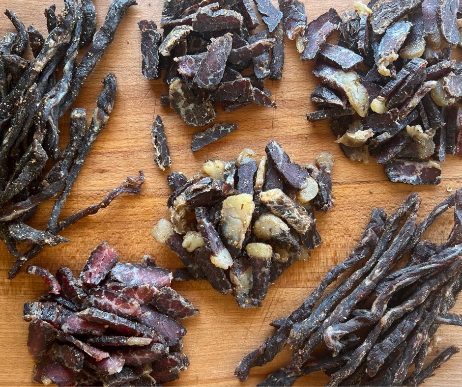 Biltong selection on wooden board